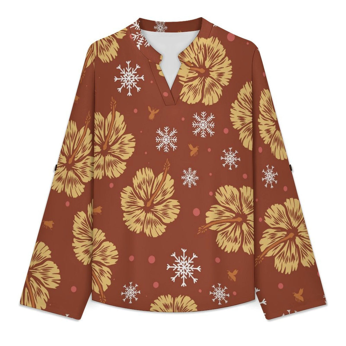 Stand-up Collar Long-sleeved Shirt Orange Background, Flowers  Customization Women’s V-Neck Blouses,long Sleeve,Roll-Up Sleeve Shirt
