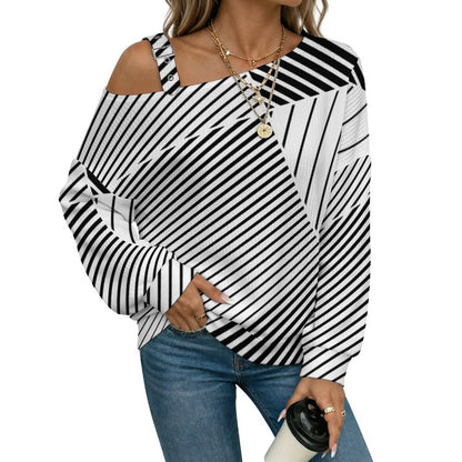 Off-the-shoulder Sweater Stripe  Asymmetric Cold Shoulder Knit Sweater for Women, Adjustable Buckle Strap Long Sleeve Casual Slouchy Pullover