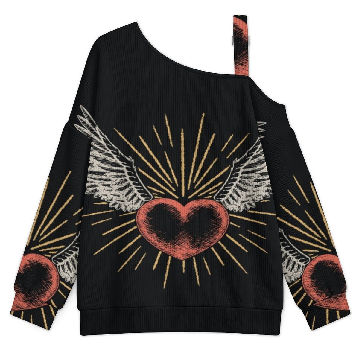 Off-the-shoulder Sweater Wing Heart  Asymmetric Cold Shoulder Knit Sweater for Women, Adjustable Buckle Strap Long Sleeve Casual Slouchy Pullover