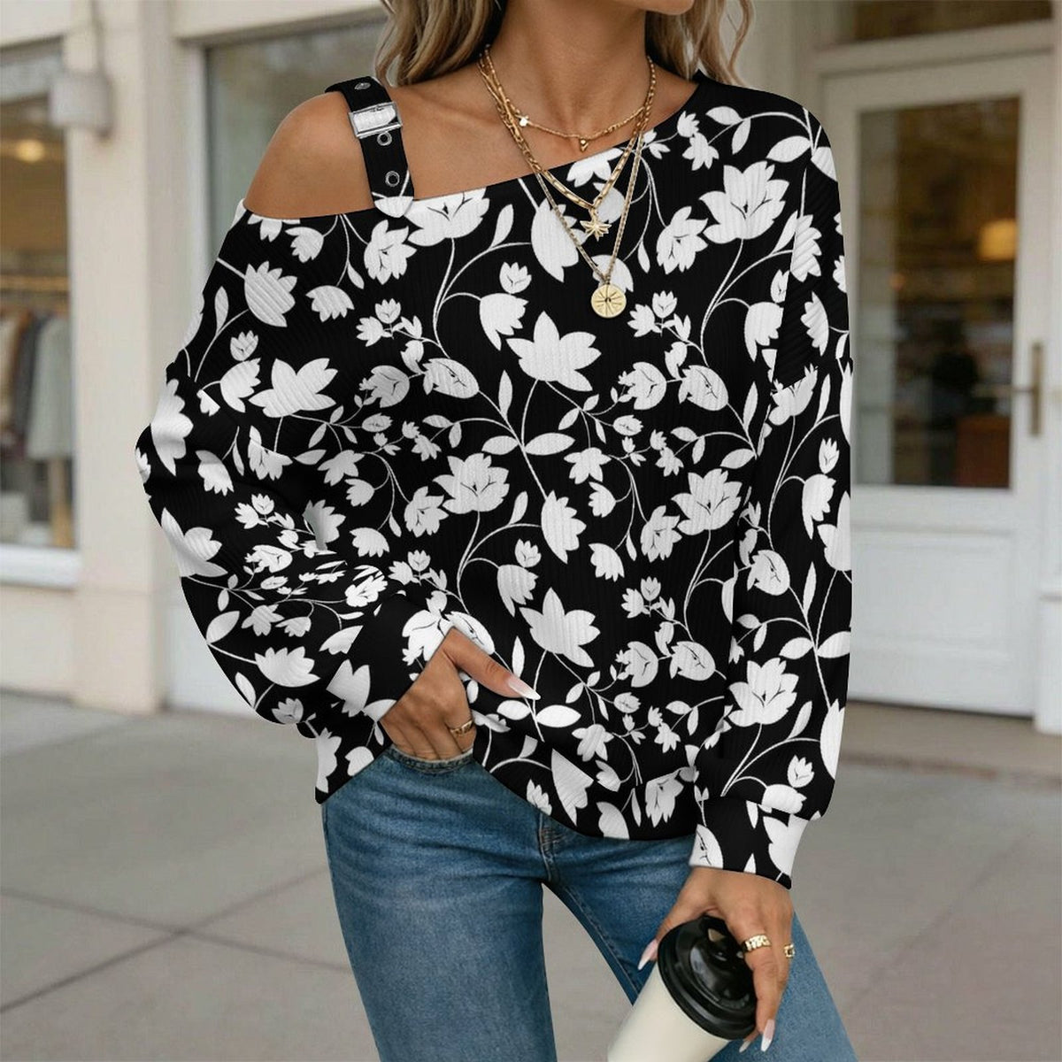 Fall Casual Asymmetric Shoulder Knit Top with Buckle Detail Flower