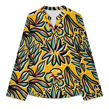 Women Curved Hem V Neck Roll Sleeve Casual Work Top  Floral, Repeating Pattern