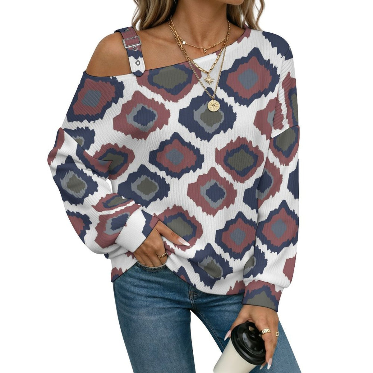 Off-the-shoulder Sweater Pattern  Asymmetric Cold Shoulder Knit Sweater for Women, Adjustable Buckle Strap Long Sleeve Casual Slouchy Pullover