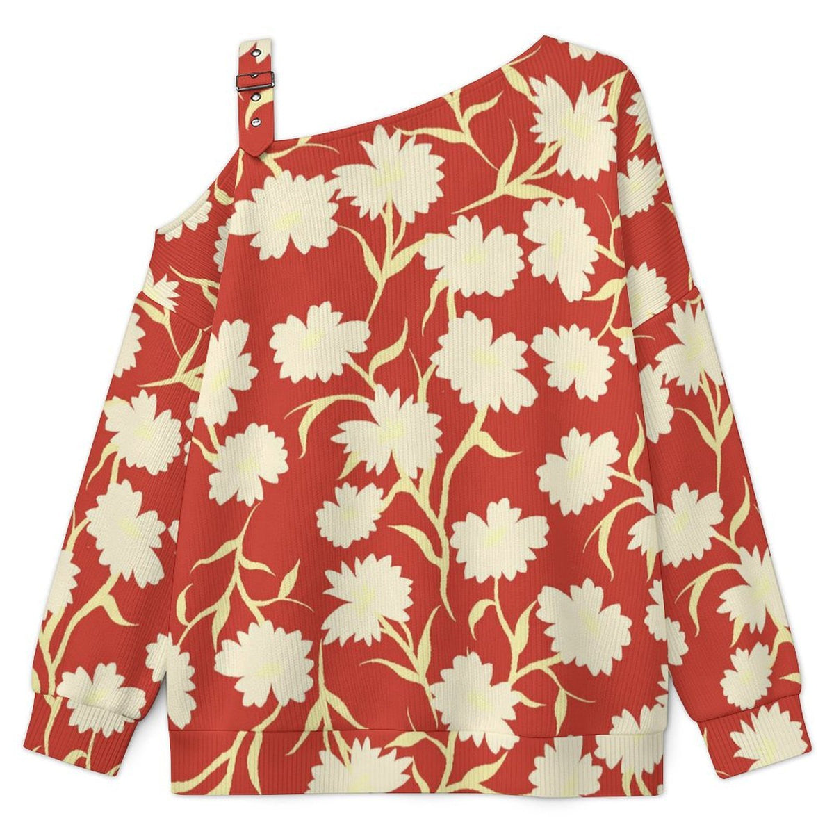 Off-the-shoulder Sweater Red Flower  Asymmetric Cold Shoulder Knit Sweater for Women, Adjustable Buckle Strap Long Sleeve Casual Slouchy Pullover
