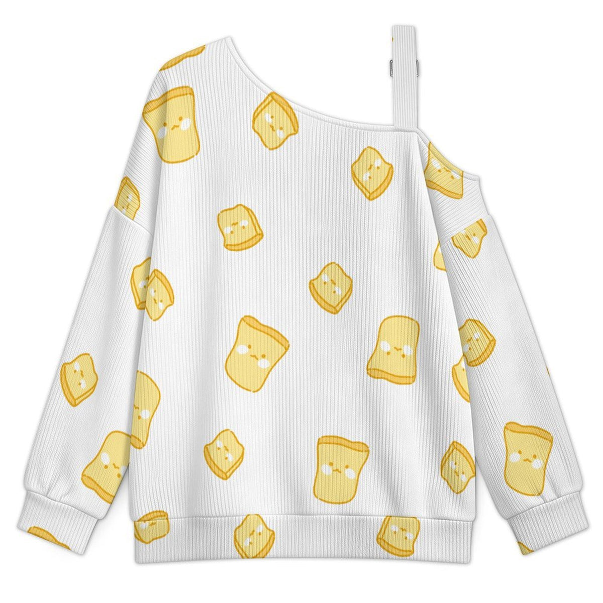 Off-the-shoulder Sweater Little Yellow Toast  Asymmetric Cold Shoulder Knit Sweater for Women, Adjustable Buckle Strap Long Sleeve Casual Slouchy Pullover