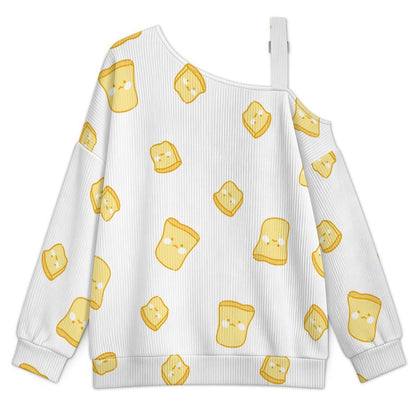 Off-the-shoulder Sweater Little Yellow Toast  Asymmetric Cold Shoulder Knit Sweater for Women, Adjustable Buckle Strap Long Sleeve Casual Slouchy Pullover