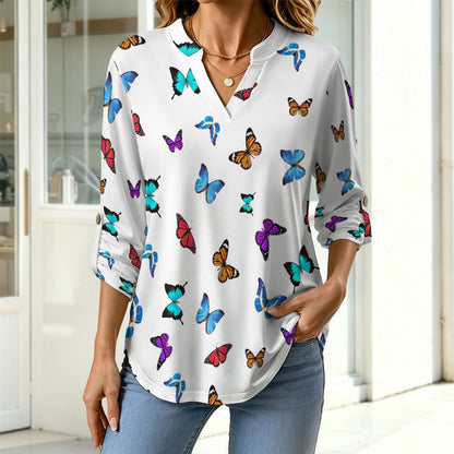 Stand-up Collar Long-sleeved Shirt Repeating Pattern, Butterfly, Color  Customization Women’s V-Neck Blouses,long Sleeve,Roll-Up Sleeve Shirt