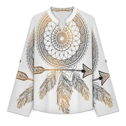 Stand-up Collar Long-sleeved Shirt Feathers  Customization Women’s V-Neck Blouses,long Sleeve,Roll-Up Sleeve Shirt