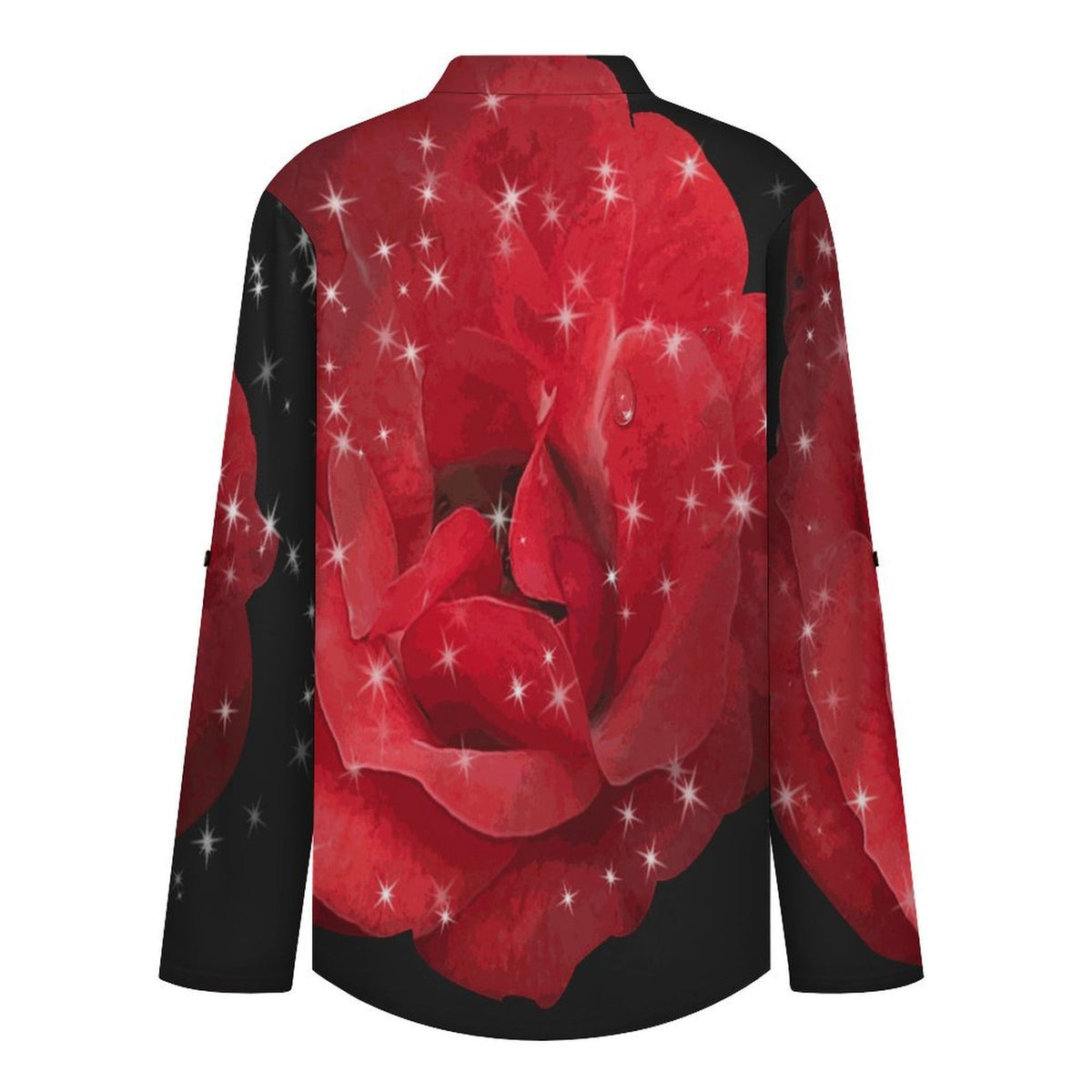 Stand-up Collar Long-sleeved Shirt Red Roses  Customization Women’s V-Neck Blouses,long Sleeve,Roll-Up Sleeve Shirt