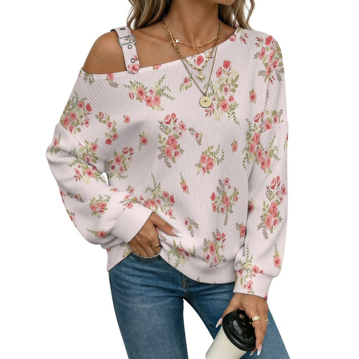 Off-the-shoulder Sweater Floral Pattern  Asymmetric Cold Shoulder Knit Sweater for Women, Adjustable Buckle Strap Long Sleeve Casual Slouchy Pullover