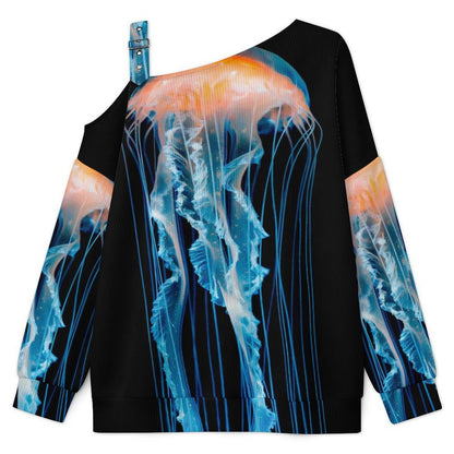 Off-the-shoulder Sweater Light Blue Orange Jellyfish  Asymmetric Cold Shoulder Knit Sweater for Women, Adjustable Buckle Strap Long Sleeve Casual Slouchy Pullover