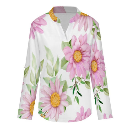 Stand-up Collar Long-sleeved Shirt Pink Flowers, Background  Customization Women’s V-Neck Blouses,long Sleeve,Roll-Up Sleeve Shirt