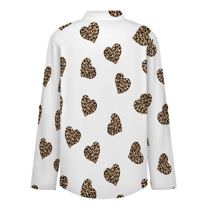 Stand-up Collar Long-sleeved Shirt Peach Heart Leopard Grain  Customization Women’s V-Neck Blouses,long Sleeve,Roll-Up Sleeve Shirt