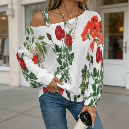 Off-the-shoulder Sweater Rose And Sophora  Asymmetric Cold Shoulder Knit Sweater for Women, Adjustable Buckle Strap Long Sleeve Casual Slouchy Pullover