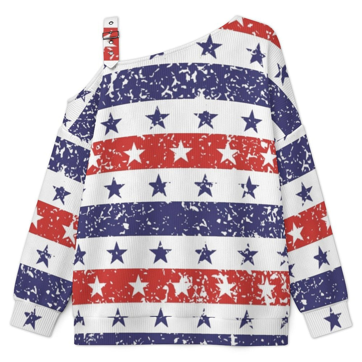 Off-the-shoulder Sweater Stars Stripe  Asymmetric Cold Shoulder Knit Sweater for Women, Adjustable Buckle Strap Long Sleeve Casual Slouchy Pullover