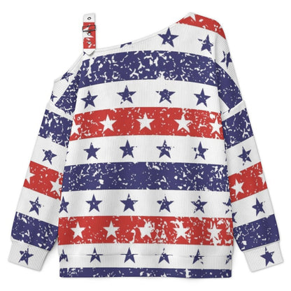 Off-the-shoulder Sweater Stars Stripe  Asymmetric Cold Shoulder Knit Sweater for Women, Adjustable Buckle Strap Long Sleeve Casual Slouchy Pullover