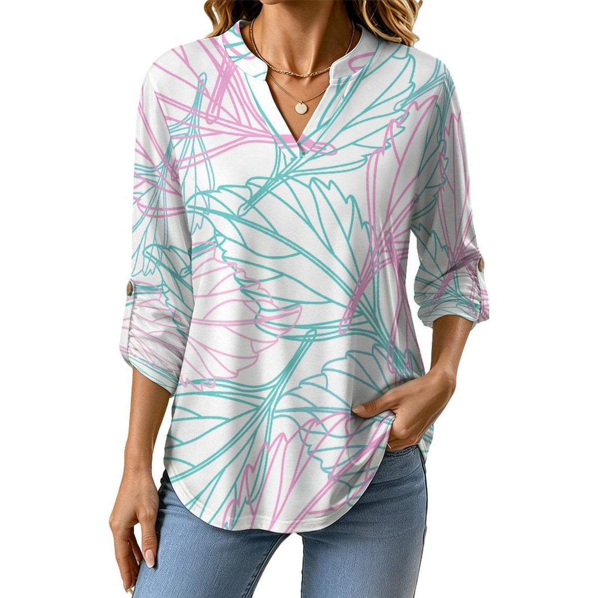 Colored Leaves  Versatile Notched V-Neck Tunic | Roll Tab 3/4 Sleeve Office Casual Top