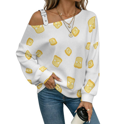 Off-the-shoulder Sweater Little Yellow Toast  Asymmetric Cold Shoulder Knit Sweater for Women, Adjustable Buckle Strap Long Sleeve Casual Slouchy Pullover