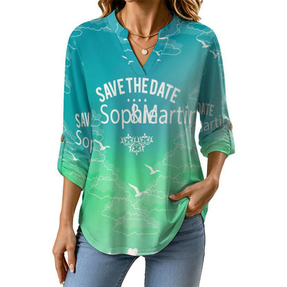 Stand-up Collar Long-sleeved Shirt Blue Green Tie Dyeing  Customization Women’s V-Neck Blouses,long Sleeve,Roll-Up Sleeve Shirt