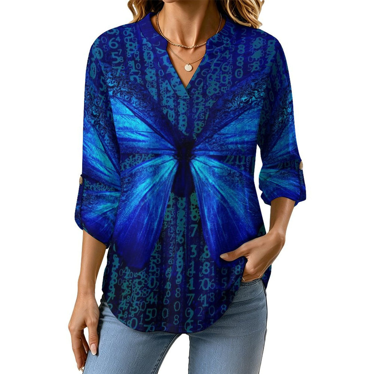 Stand-up Collar Long-sleeved Shirt Digital Butterfly  Customization Women’s V-Neck Blouses,long Sleeve,Roll-Up Sleeve Shirt