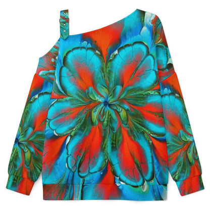 Off-the-shoulder Sweater Floral Pattern  Asymmetric Cold Shoulder Knit Sweater for Women, Adjustable Buckle Strap Long Sleeve Casual Slouchy Pullover