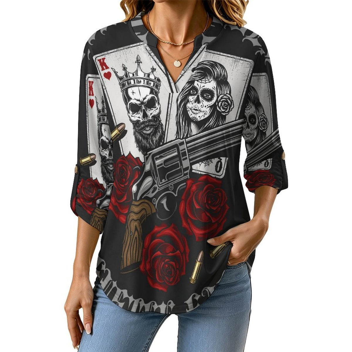 Stand-up Collar Long-sleeved Shirt Halloween, Poker, Skeletons  Customization Women’s V-Neck Blouses,long Sleeve,Roll-Up Sleeve Shirt