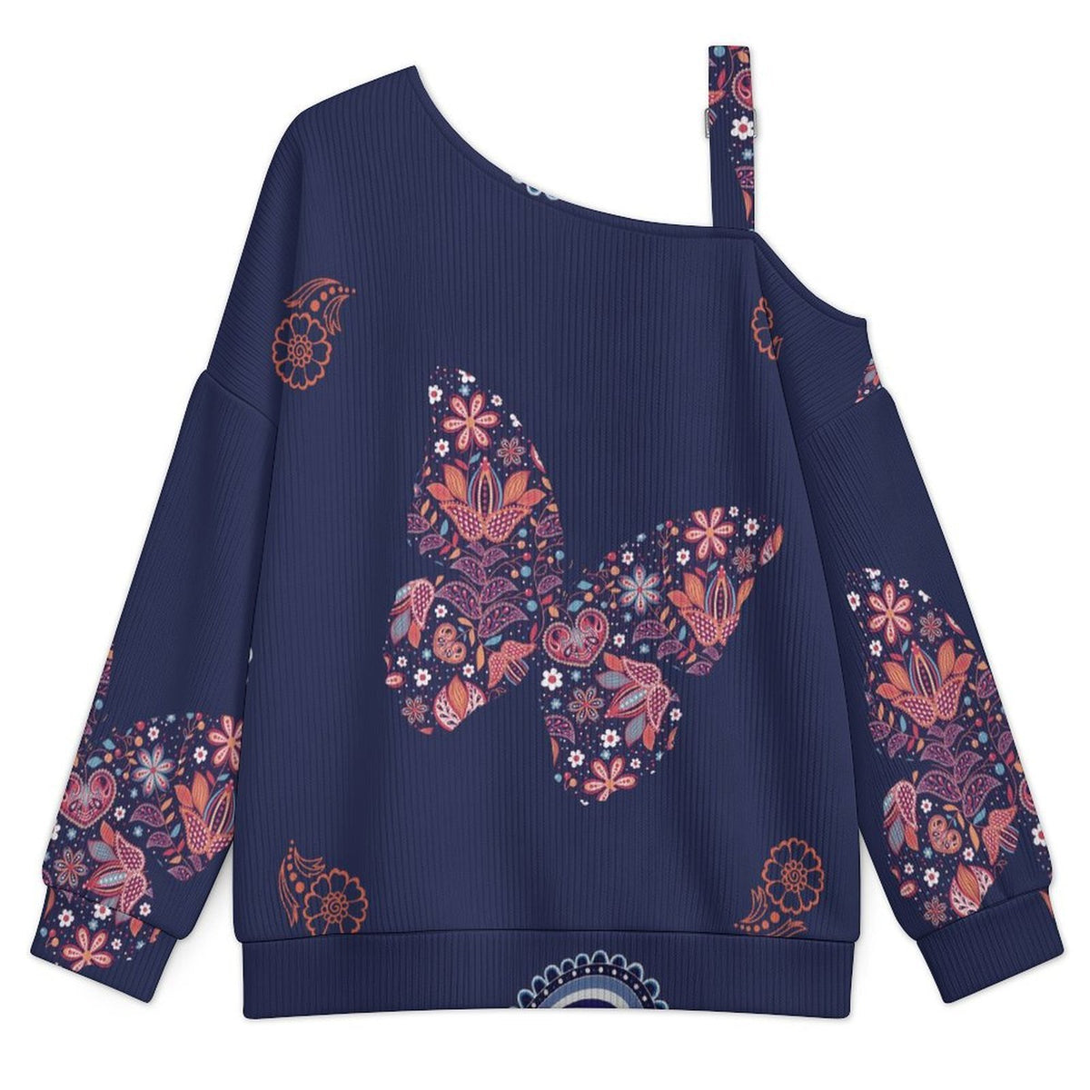 Off-the-shoulder Sweater Paisley Texture Butterfly Repeat Tile Texture  Asymmetric Cold Shoulder Knit Sweater for Women, Adjustable Buckle Strap Long Sleeve Casual Slouchy Pullover