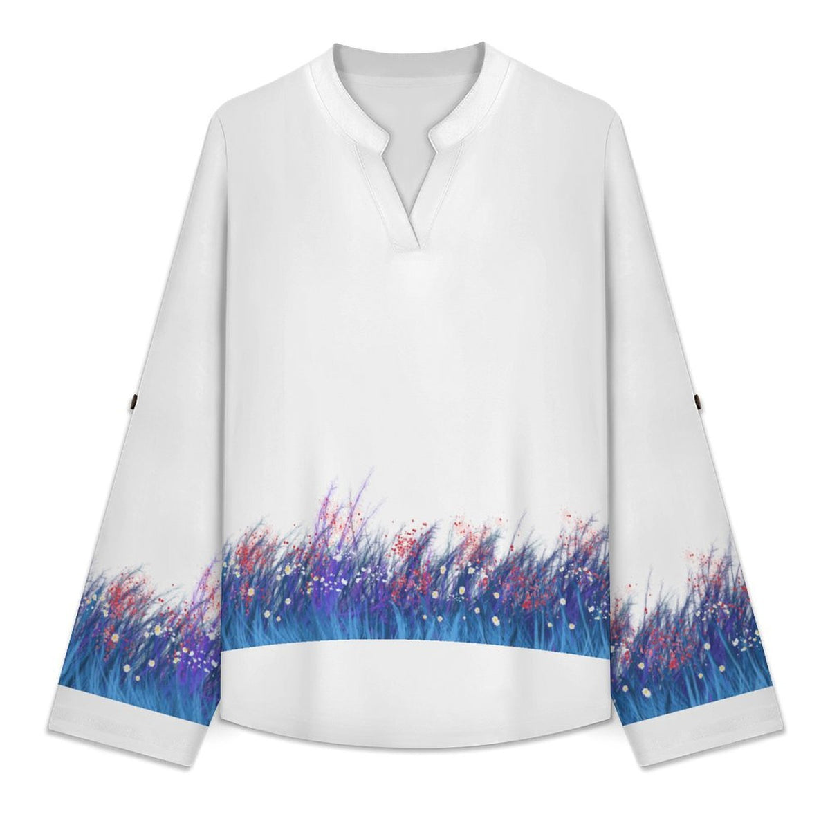 Stand-up Collar Long-sleeved Shirt Blue, Grass  Customization Women’s V-Neck Blouses,long Sleeve,Roll-Up Sleeve Shirt