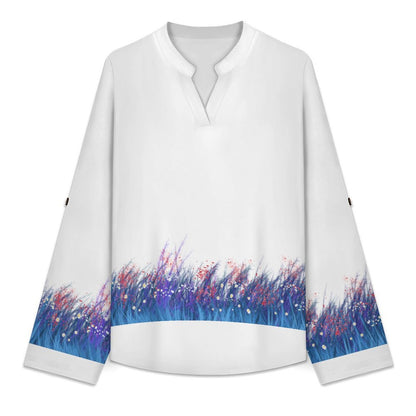 Stand-up Collar Long-sleeved Shirt Blue, Grass  Customization Women’s V-Neck Blouses,long Sleeve,Roll-Up Sleeve Shirt
