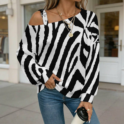 Off-the-shoulder Sweater Zebra Pattern  Asymmetric Cold Shoulder Knit Sweater for Women, Adjustable Buckle Strap Long Sleeve Casual Slouchy Pullover