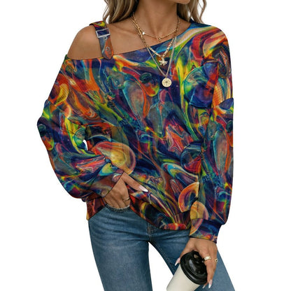 Off-the-shoulder Sweater Color Shading, Pattern, Abstract  Asymmetric Cold Shoulder Knit Sweater for Women, Adjustable Buckle Strap Long Sleeve Casual Slouchy Pullover