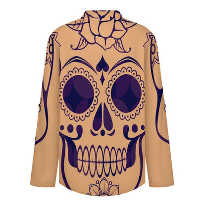 Stand-up Collar Long-sleeved Shirt Skull, Pattern  Customization Women’s V-Neck Blouses,long Sleeve,Roll-Up Sleeve Shirt