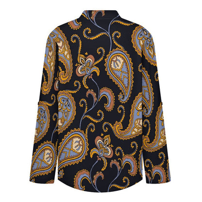 Paisley Women's Notched V Neck Tunic Tops, Roll Up 3/4 Sleeve Button Cuff Casual Blouse, Hem Loose Work Shirts