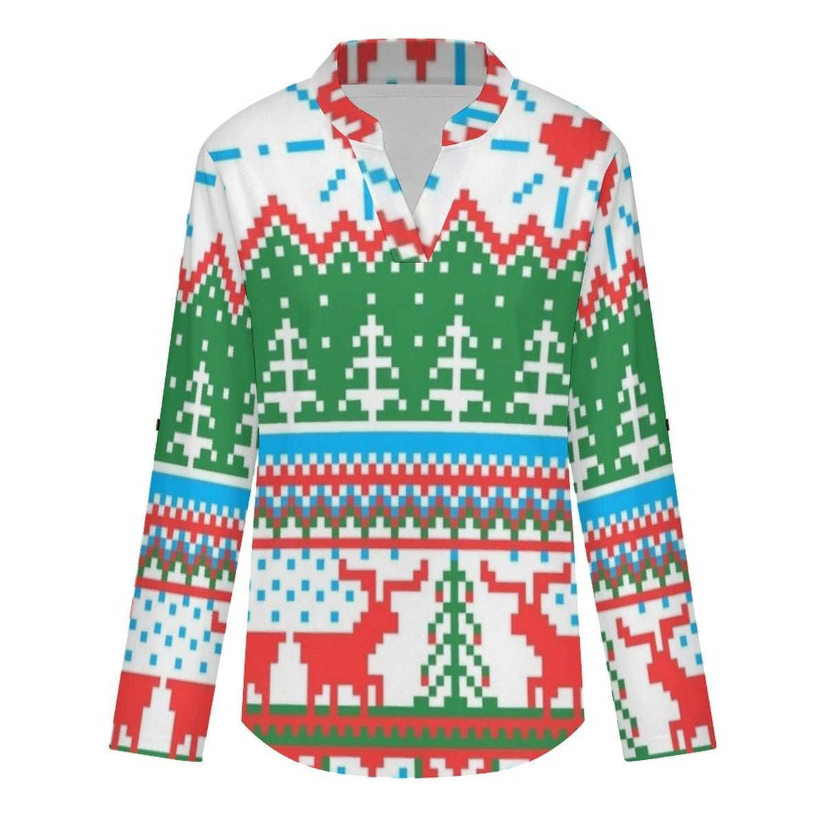 Stand-up Collar Long-sleeved Shirt Christmas Pattern  Customization Women’s V-Neck Blouses,long Sleeve,Roll-Up Sleeve Shirt