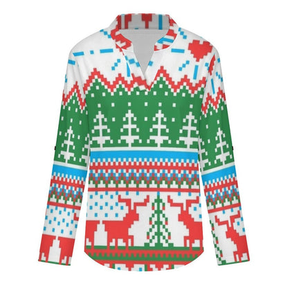 Stand-up Collar Long-sleeved Shirt Christmas Pattern  Customization Women’s V-Neck Blouses,long Sleeve,Roll-Up Sleeve Shirt