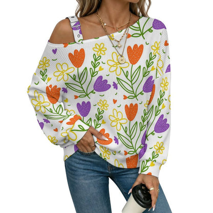 Off-the-shoulder Sweater Floral Pattern  Asymmetric Cold Shoulder Knit Sweater for Women, Adjustable Buckle Strap Long Sleeve Casual Slouchy Pullover