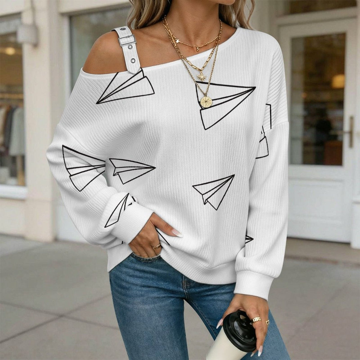 Off-the-shoulder Sweater Paper Aircraft Decorative Pattern  Asymmetric Cold Shoulder Knit Sweater for Women, Adjustable Buckle Strap Long Sleeve Casual Slouchy Pullover