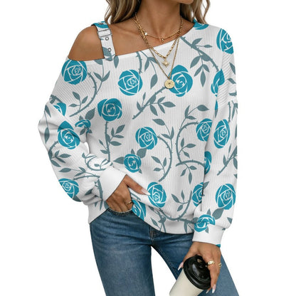 Off-the-shoulder Sweater Blue Rose Tile Decorative Pattern  Asymmetric Cold Shoulder Knit Sweater for Women, Adjustable Buckle Strap Long Sleeve Casual Slouchy Pullover