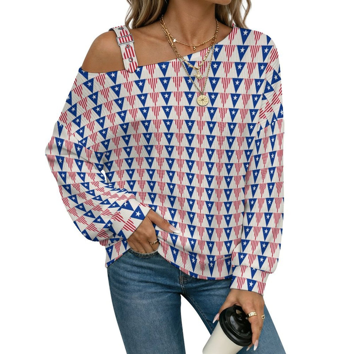 Off-the-shoulder Sweater Red And Blue Flag  Asymmetric Cold Shoulder Knit Sweater for Women, Adjustable Buckle Strap Long Sleeve Casual Slouchy Pullover
