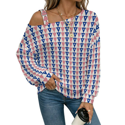 Off-the-shoulder Sweater Red And Blue Flag  Asymmetric Cold Shoulder Knit Sweater for Women, Adjustable Buckle Strap Long Sleeve Casual Slouchy Pullover