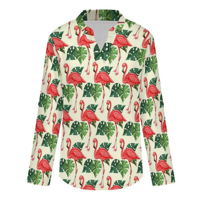 Stand-up Collar Long-sleeved Shirt Flamingo, Repeating Pattern  Customization Women’s V-Neck Blouses,long Sleeve,Roll-Up Sleeve Shirt