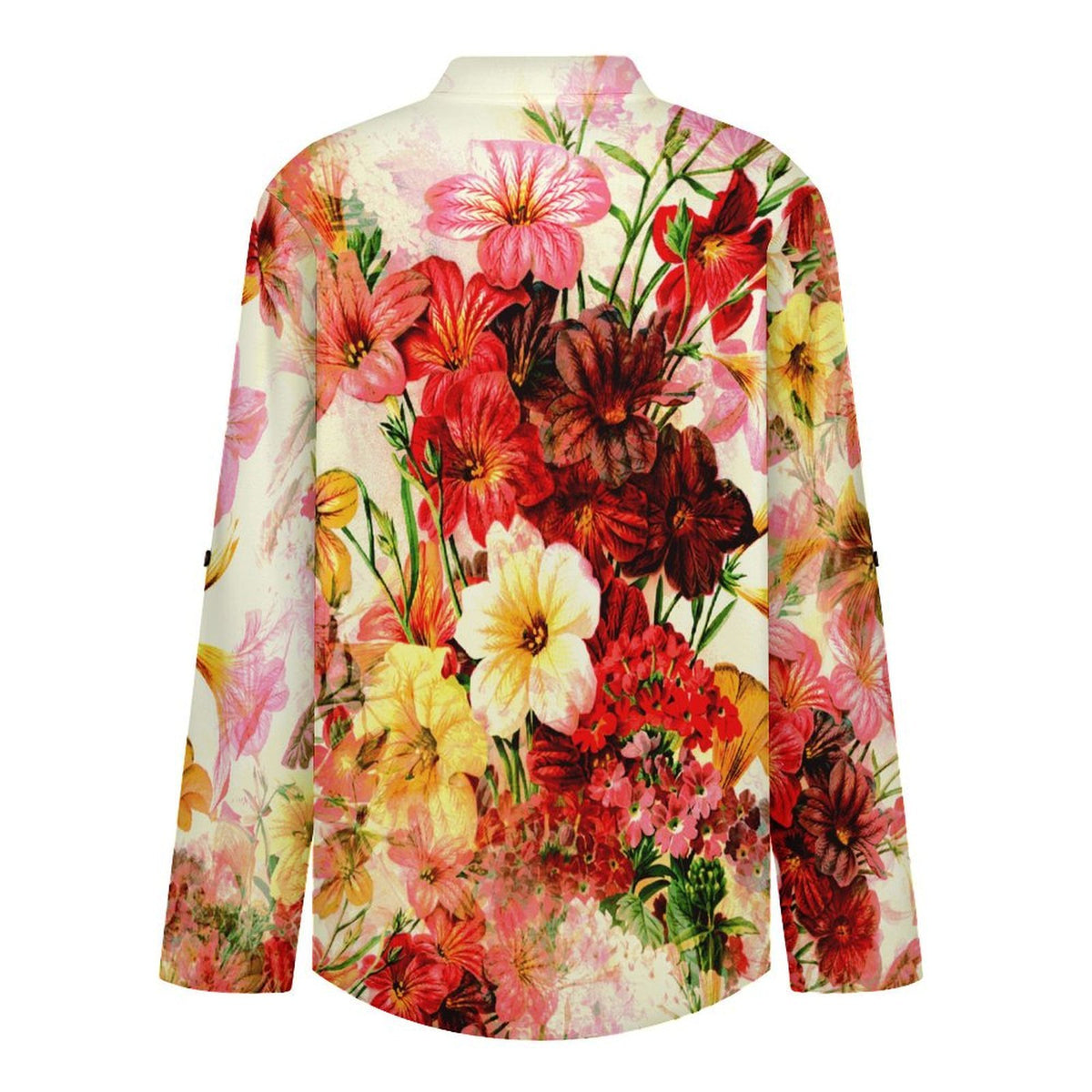 Stand-up Collar Long-sleeved Shirt Red Flowers  Customization Women’s V-Neck Blouses,long Sleeve,Roll-Up Sleeve Shirt