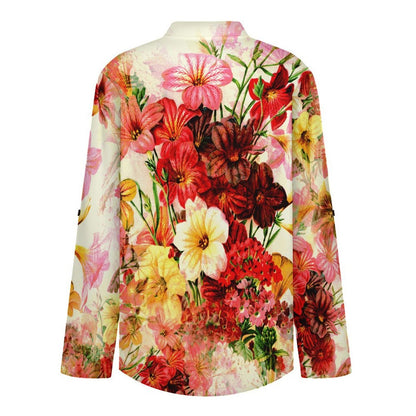 Stand-up Collar Long-sleeved Shirt Red Flowers  Customization Women’s V-Neck Blouses,long Sleeve,Roll-Up Sleeve Shirt