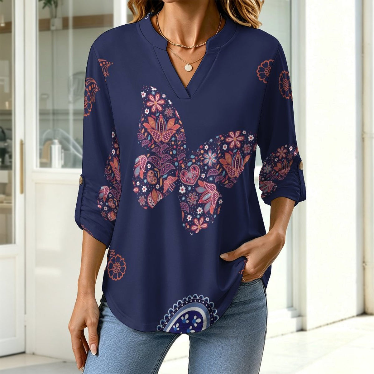 Women's Notched V Neck Tunic Tops, Roll Up 3/4 Sleeve Button Cuff Casual Blouse, Hem Loose Work Shirts  Paisley Texture Butterfly Repeat Tile Texture