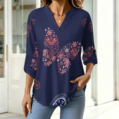 Women's Notched V Neck Tunic Tops, Roll Up 3/4 Sleeve Button Cuff Casual Blouse, Hem Loose Work Shirts  Paisley Texture Butterfly Repeat Tile Texture