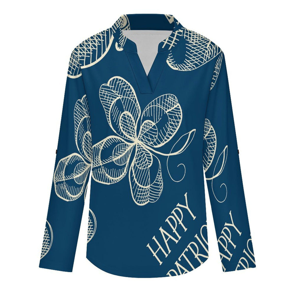 Stand-up Collar Long-sleeved Shirt Blue, St. Patrick's Day, Pattern  Customization Women’s V-Neck Blouses,long Sleeve,Roll-Up Sleeve Shirt