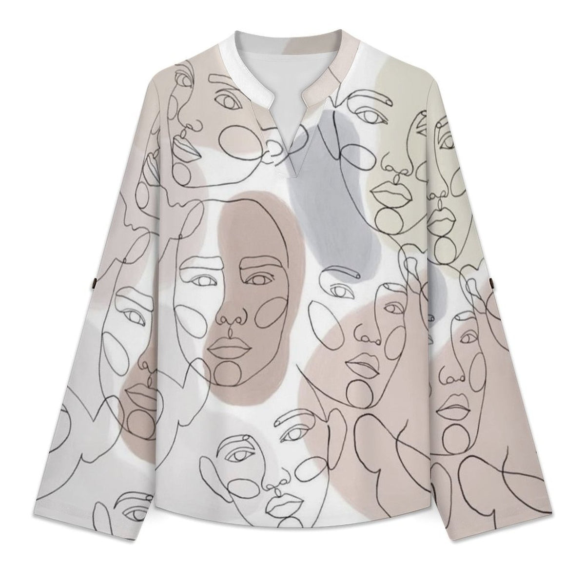 Stand-up Collar Long-sleeved Shirt Character Line Design  Customization Women’s V-Neck Blouses,long Sleeve,Roll-Up Sleeve Shirt