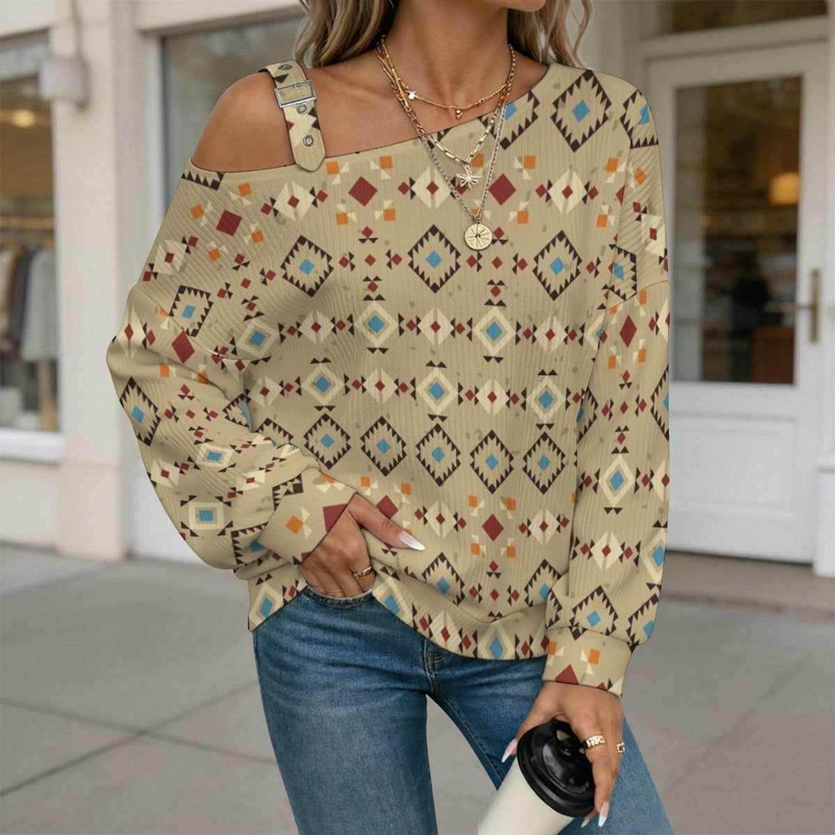 Off-the-shoulder Sweater European Retro Pattern  Asymmetric Cold Shoulder Knit Sweater for Women, Adjustable Buckle Strap Long Sleeve Casual Slouchy Pullover