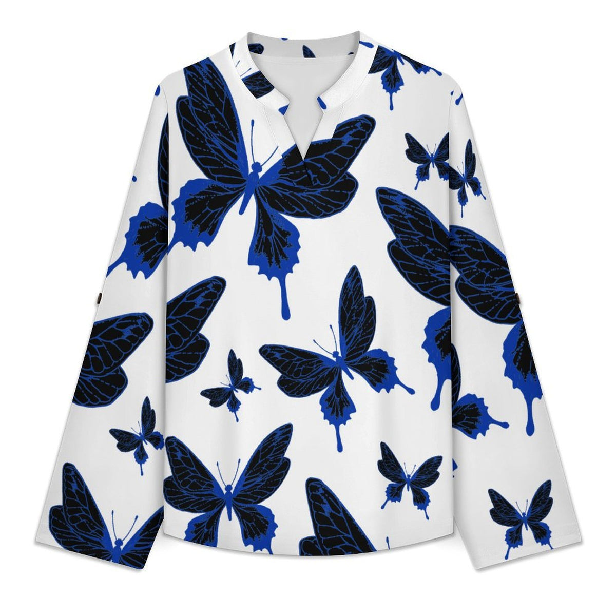 Stand-up Collar Long-sleeved Shirt Butterfly Good Luck Repeat Pattern  Customization Women’s V-Neck Blouses,long Sleeve,Roll-Up Sleeve Shirt