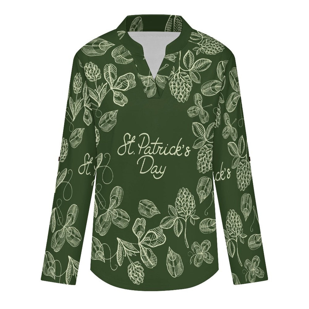Women Curved Hem V Neck Roll Sleeve Casual Work Top  St. Patrick's Day, Wreath