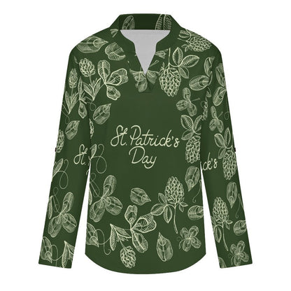 Women Curved Hem V Neck Roll Sleeve Casual Work Top  St. Patrick's Day, Wreath